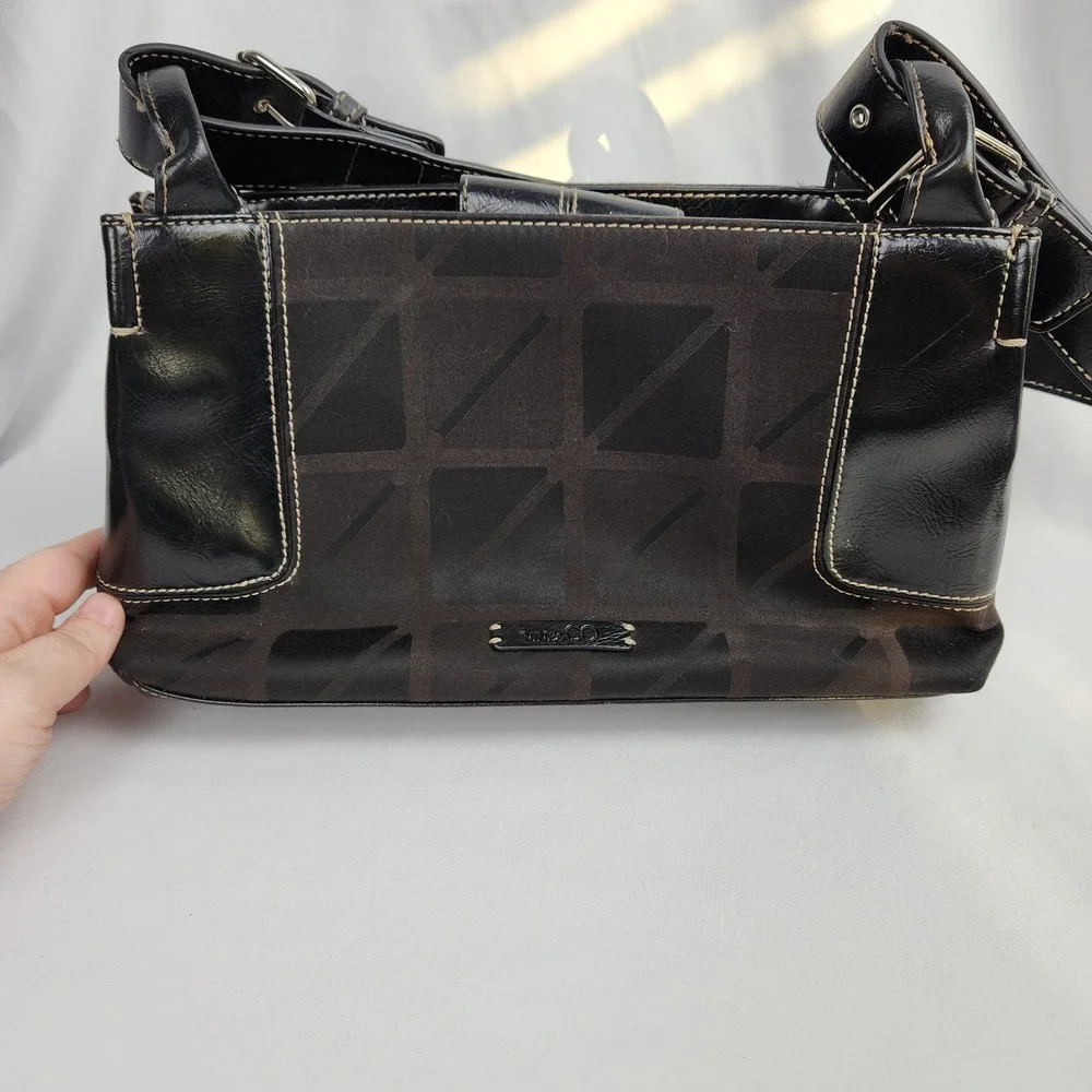 NINE & CO Black & Dark Brown Shoulderbag Print Cotton Faux Leather‎ tote buckle